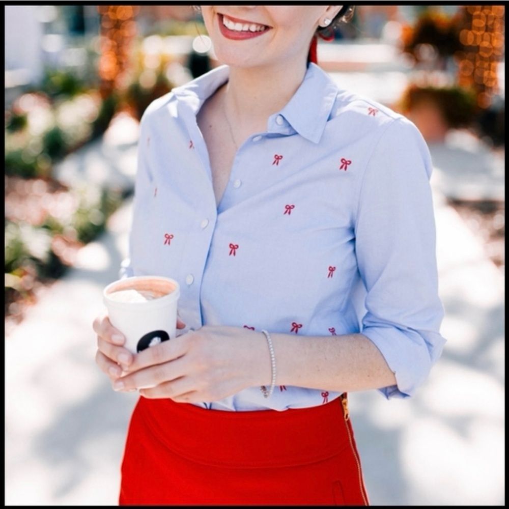 Draper James Embroidered Bow Button Down Top